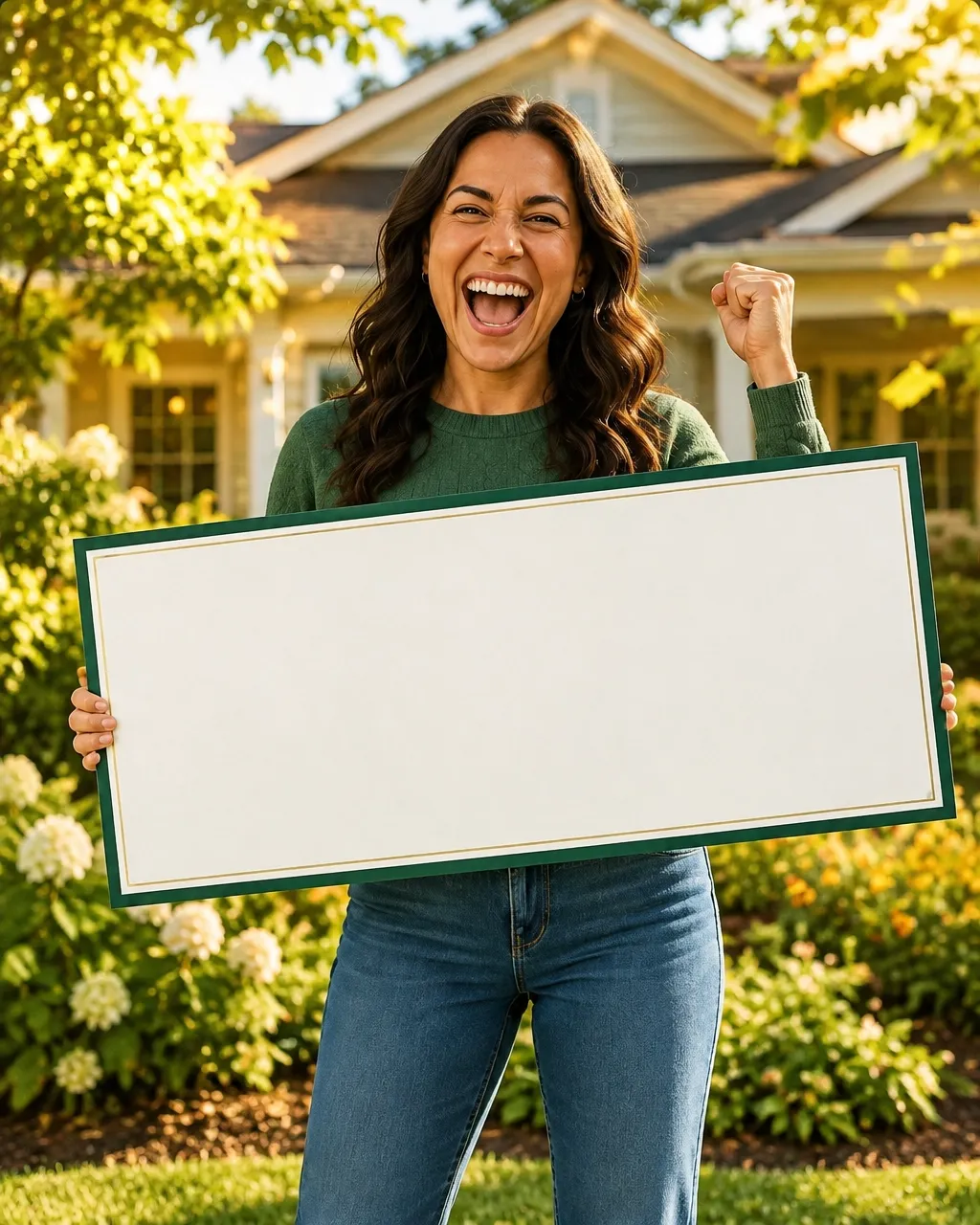 A homeowner celebrating outside her home with a prize check